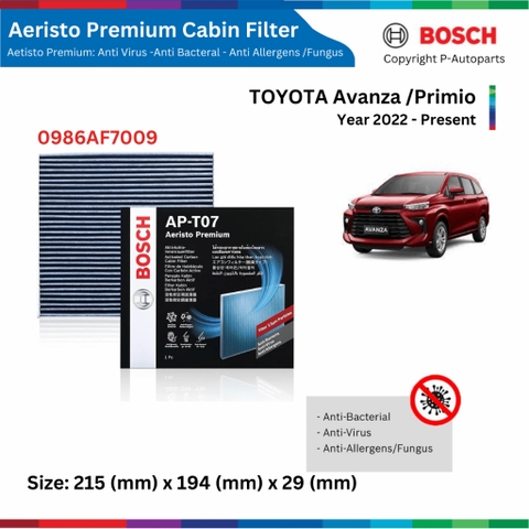 Lọc gió điều hòa BOSCH Aeristo Premium, TOYOTA Avanza đời xe 2022 đến nay, lọc bụi mịn PM2.5