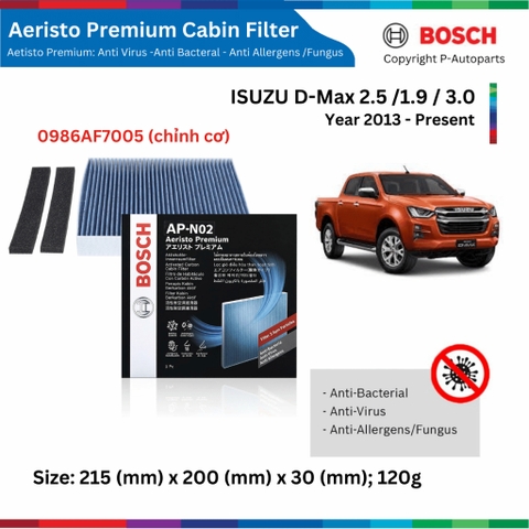 Lọc gió điều hòa BOSCH Aeristo Premium, ISUZU D-Max Dmax đời xe 2013 đến nay, lọc bụi mịn PM2.5