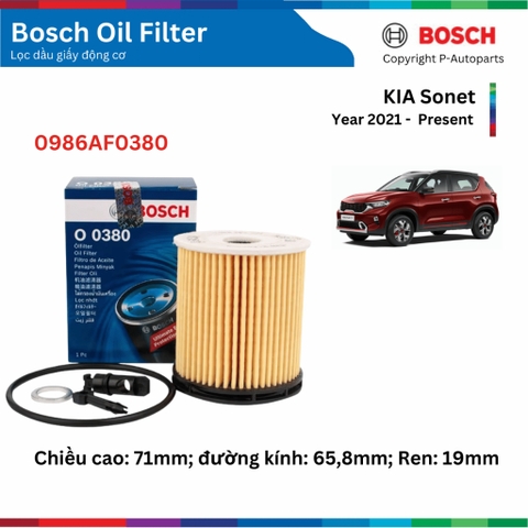 Lọc dầu giấy động cơ xe KIA Sonet đời 2021 đến nay, BOSCH Oil Filter 0986AF0380