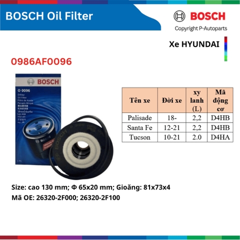 Lọc dầu nhớt động cơ BOSCH xe HYUNDAI I10 Accent Elantra Tucson Santafe Creata Starex