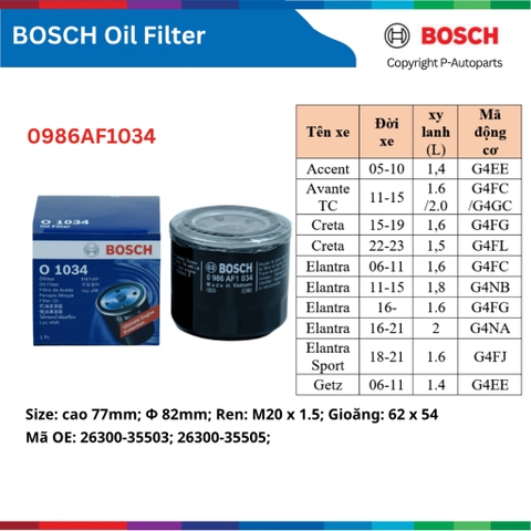 Lọc dầu nhớt động cơ BOSCH xe HYUNDAI i10 i30 Accent Elantra SantaFe Tucson Solati Stargazer