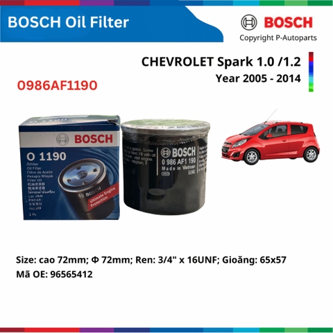 Lọc dầu nhớt động cơ BOSCH O1190 xe CHEVROLET Spark 1.0 /1.2 đời 2005 đến 2014. lọc sắt