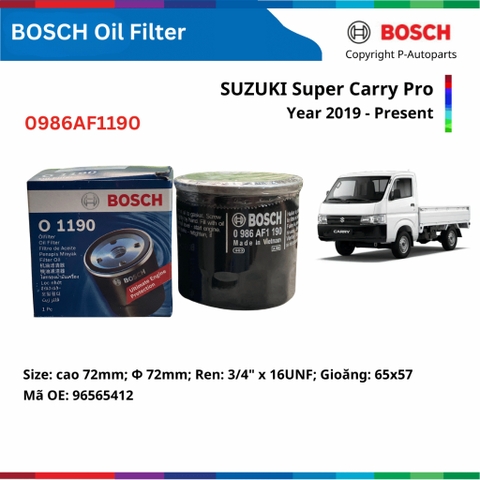 Lọc dầu động cơ BOSCH O1190 xe SUZUKI Super Carry Pro đời 2019 đến nay, lọc dầu sắt