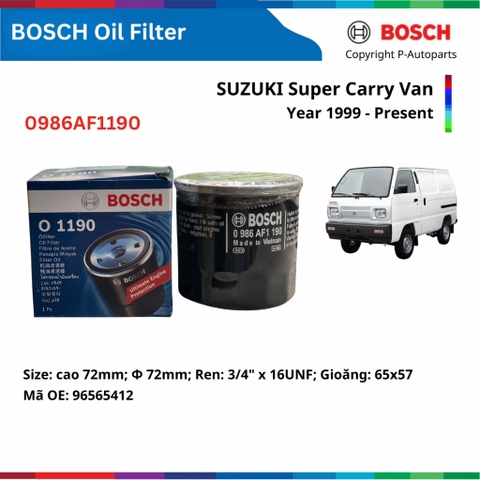 Lọc dầu động cơ BOSCH O1190 xe SUZUKI Super Carry Van đời 1999 đến nay, lọc sắt