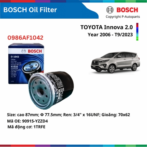 Lọc dầu sắt BOSCH Oil Filter O1042 xe TOYOTA Innova đời 2006 đến 2023