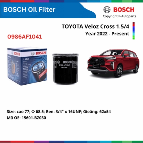 Lọc dầu động cơ BOSCH Oil Filter O1041 xe TOYOTA Veloz Cross đời 2022 đến nay