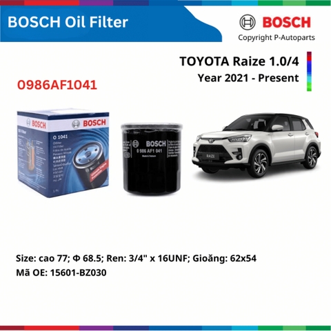 Lọc dầu động cơ BOSCH Oil Filter O1041 xe TOYOTA Raize đời 2021 đến nay