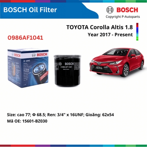 Lọc dầu động cơ BOSCH Oil Filter O1041 xe TOYOTA Corolla Altis 1.8 đời 2017 đến nay