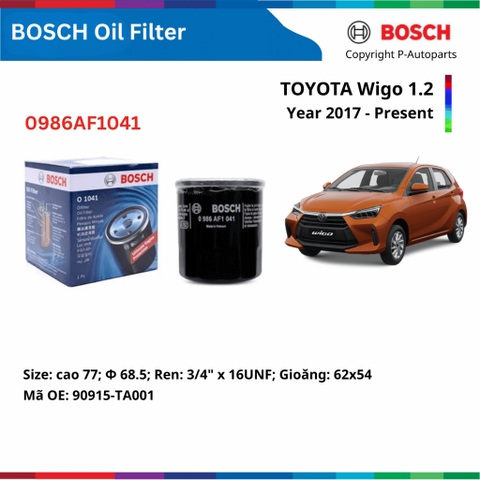 Lọc dầu động cơ BOSCH Oil Filter O1041 xe TOYOTA Wigo đời 2017 đến nay