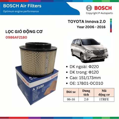 Lọc Gió Động Cơ ô tô BOSCH Air Filter xe TOYOTA Innova đời 2006 đến 2016