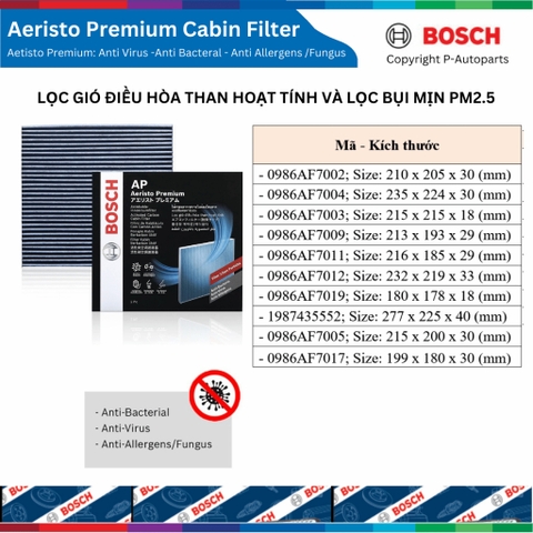 [Sỉ-Lẻ] Lọc gió điều hòa BOSCH Aeristo Premium than hoạt tính lọc bụi mịn PM2.5, xe Nhật Hàn Mỹ