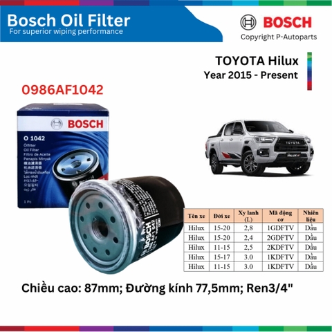 Lọc dầu động cơ BOSCH Oil Filter xe TOYOTA Hilux đời 2015 đến nay
