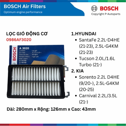 Lọc gió động cơ ô tô BOSCH Air Filter A3020 xe KIA HYUNDAI