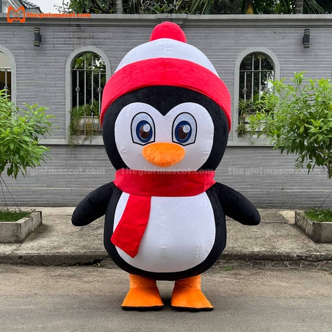 Mascot Hơi Chim Cánh Cụt Quàng Khăn Đỏ
