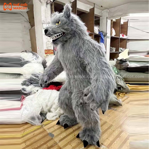 Mascot Hơi Người Sói Màu Xám