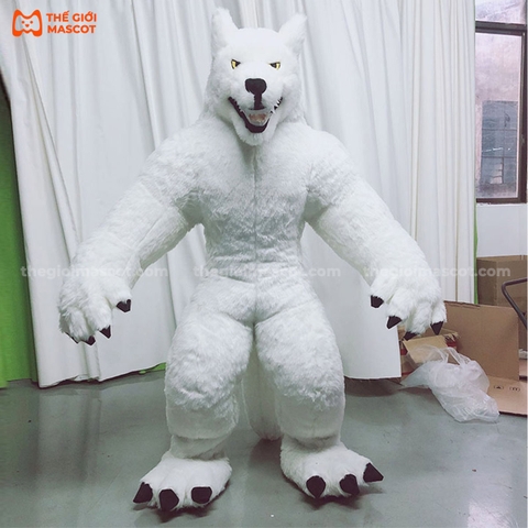 Mascot Hơi Người Sói Màu Trắng