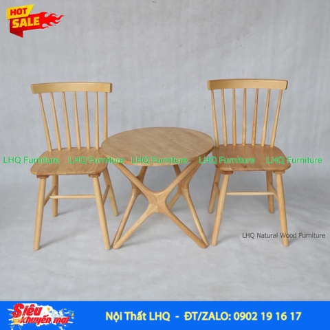 Bộ Bàn Ăn Giá Rẻ Gỗ Tự Nhiên - Bàn Chân Sao Tròn 60, 2 Ghế Song Tiện