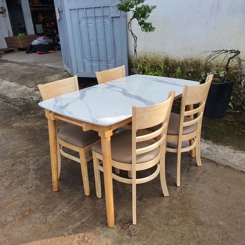 Bộ bàn ăn 4 ghế giá rẻ - Ghế Cabin gỗ cao su, bàn 1m2 mặt giả đá
