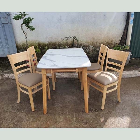 Bộ bàn ăn 4 ghế giá rẻ - Ghế Cabin gỗ cao su, bàn 1m2 mặt giả đá