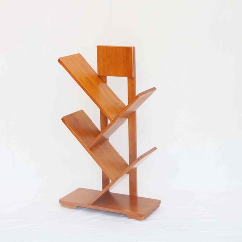 Kệ sách xương cá 4 tay, Gỗ cao su, Hoàn thiện kỹ, Đã tẩm xấy, Bảo hành mối mọt, Màu tự nhiên và cherry