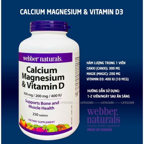Webber Naturals Calcium Magnesium & Vitamin D hỗ trợ xương, cơ bắp khỏe mạnh 250v (01/29)