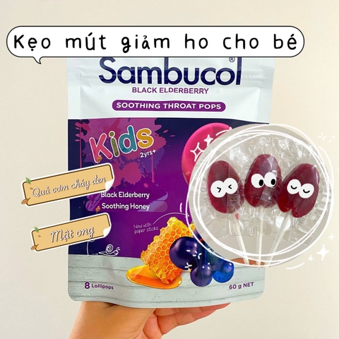 Sambucol Black Elderberry Soothing throat pops kẹo mút giảm ho cho bé từ 2 tuổi 60g (04/26)
