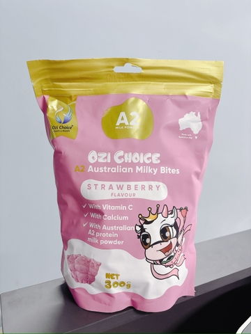 Ozi Choice A2 milky bites strawberry kẹo sữa canxi ăn liền vị dâu cho bé trên 4 tuổi 300g (11/26)