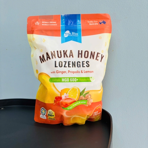 True Blue Manuka Honey Lozenges with Ginger Propolis & Lemon MGO 600+ kẹo mật ong gừng chanh 110v (06/27)