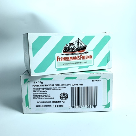 Fisherman's Friend Mint kẹo con tàu Úc ngậm cay the mát giảm ho 12 gói x 25g (08/29)