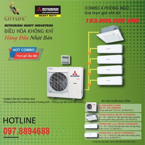 Trọn gói Combo điều hòa không khí cho căn hộ 4 phòng ngủ: Hệ Mini Kx: PK âm trần Cassette, 4PN treo tường