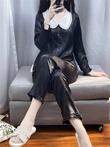 Bộ đồ ngủ ALADY Pijama Dài Tay đen cổ trắng chất liệu lụa Latin trơn mịn, mềm mại, nhẹ nhàng phong cách tiểu thư