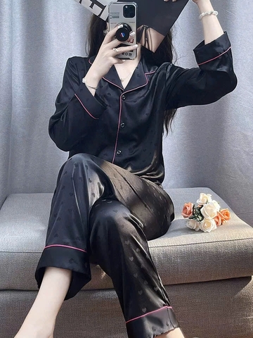 Bộ đồ ngủ Pijama ALADY lụa latin cao cấp màu đen viền hồng basic sang trọng