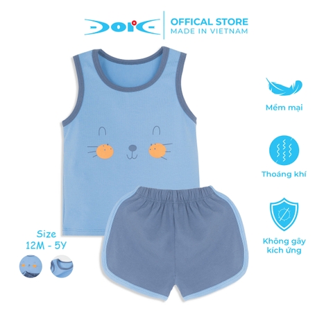 Bộ ba lỗ viền thể thao DORE mèo chibi cho bé trai bé gái từ 1 đến 5 tuổi xanh - DBL003