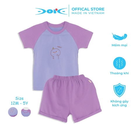 Bộ cộc tay DORE raglan phối in họa tiết chibi cho bé gái từ 1 đến 5 tuổi tím - DRP002