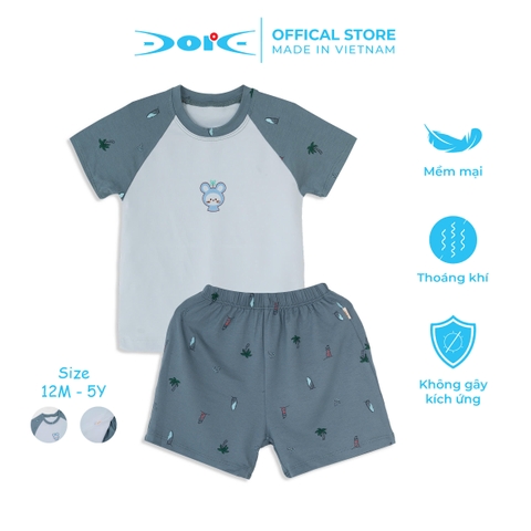 Bộ cộc tay DORE raglan phối in họa tiết biển cho bé trai bé gái từ 1 đến 5 tuổi xám xanh - DRP001