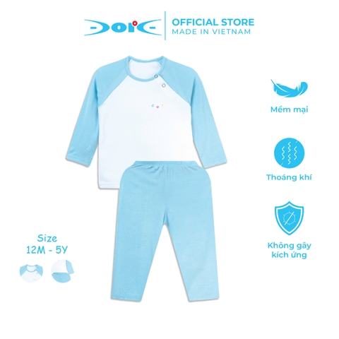 Bộ dài tay raglan cài chéo DORE xanh biển phối trắng chất liệu sợi tre cho bé trai bé gái từ 1 đến 5 tuổi-DRDT005
