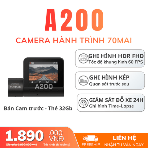 70mai A200 | Ghi Hình HDR FHD Trước Sau, Camera hành trình Giá rẻ