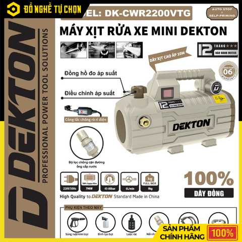 Máy Xịt Rửa Xe DEKTON DK-CWR2200VTG – 790W – 80 Bar – Chỉnh Áp, Đồng Hồ Áp Lực – Dây 10m – Hàng Chính Hãng Có VAT