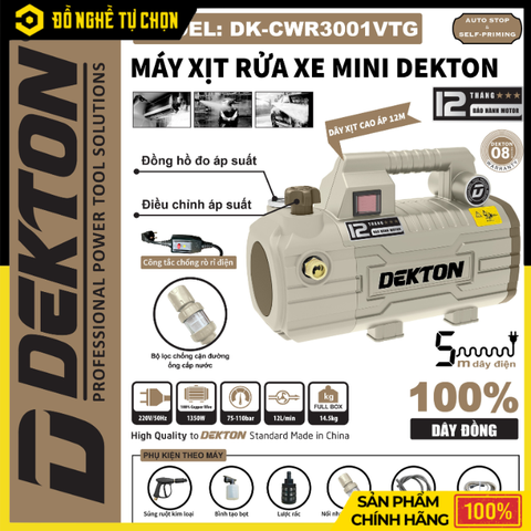 Máy xịt rửa áp lực 1350W Dekton DK-CWR3001VTG – Rửa xe sạch nhanh, mạnh mẽ 110 Bar - Hàng Chính Hãng Có VAT