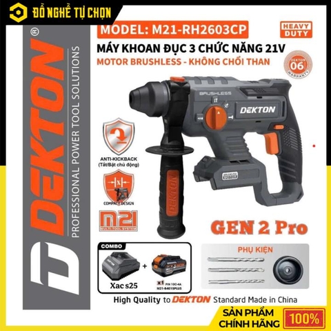 Máy Khoan Búa Pin Dekton M21-RH2603CP – Động Cơ Không Chổi Than – Lực Đập 2.6J – Đầu Kẹp SDS Plus – Hàng Chính Hãng Có VAT