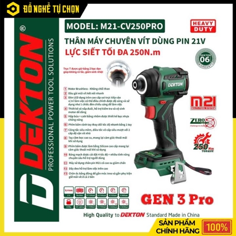 [THÂN] Máy Vặn Vít 21V Dekton M21-CV250PRO Gen 3 – Brushless – Lực Siết 250Nm – 4 Tốc Độ – Hàng Chính Hãng Có VAT