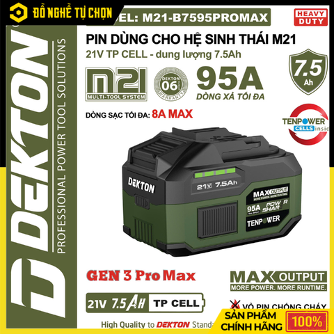 Pin Dekton 21V 7.5Ah M21-B7595PROMAX – Dòng Xả 95A Siêu Mạnh, Dùng Lâu Gấp 3 Lần – Hàng Chính Hãng, Có VAT