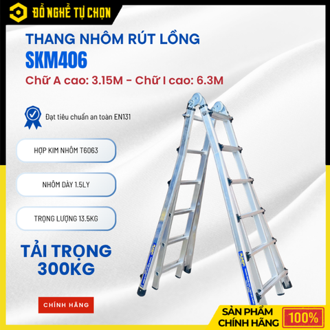 Thang Nhôm Rút Lồng SUMIKA SKM406 – Chữ A Cao 3.15m | Chữ I Cao 6.3m | Tải Trọng 300kg - Hàng Chính Hãng Có VAT