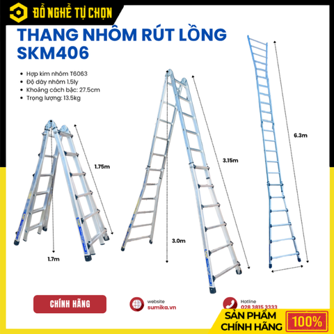 Thang Nhôm Rút Lồng SUMIKA SKM406 – Chữ A Cao 3.15m | Chữ I Cao 6.3m | Tải Trọng 300kg - Hàng Chính Hãng Có VAT