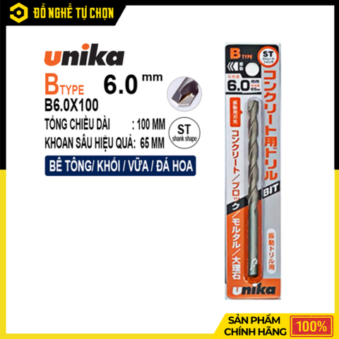 Mũi Khoan Tường Unika B6.5x100 – Khoan Bê Tông Chính Xác, Độ Bền Cao, Chuôi Trụ Tiện Dụng | Hàng Chính Hãng, Có VAT