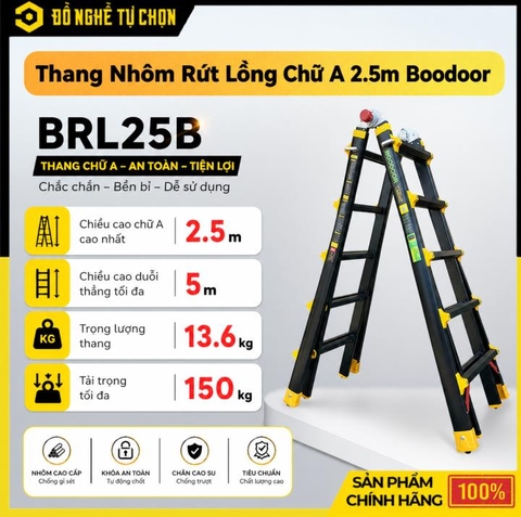 Thang Nhôm Rút Lồng Chữ A 2.5m Boodoor BRL25B (Khóa Mỹ) – Duỗi Thẳng 5m, Nhôm Dày 2.6mm | Hàng Chính Hãng, Có VAT