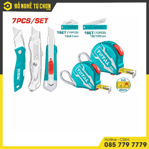 Bộ combo 25 dao tiện ích và thước kéo thép nền vàng hiệu Total TOS23034
