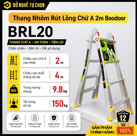 Thang Nhôm Rút Lồng 2m Boodoor BRL20 – Nhôm Dày 2.4mm, Tải Trọng 300Kg, Gọn Nhẹ Tiện Lợi | Hàng Chính Hãng, Có VAT