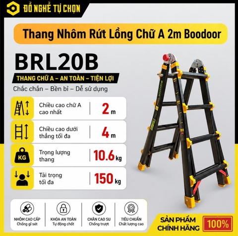 Thang Nhôm Rút Lồng Chữ A 2m Boodoor BRL20B (Khóa Mỹ) – Duỗi Thẳng 4m, Nhôm Dày 2.6mm | Hàng Chính Hãng, Có VAT