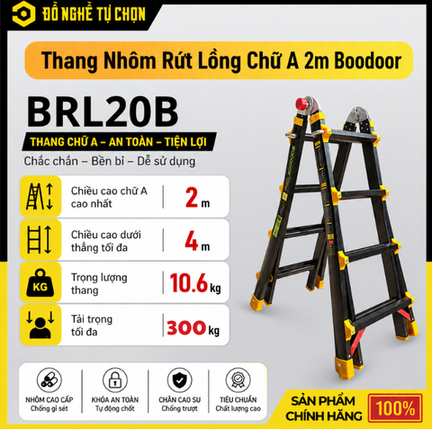 Thang Nhôm Rút Lồng Chữ A 2m Boodoor BRL20B (Khóa Mỹ) – Duỗi Thẳng 4m, Nhôm Dày 2.6mm | Hàng Chính Hãng, Có VAT